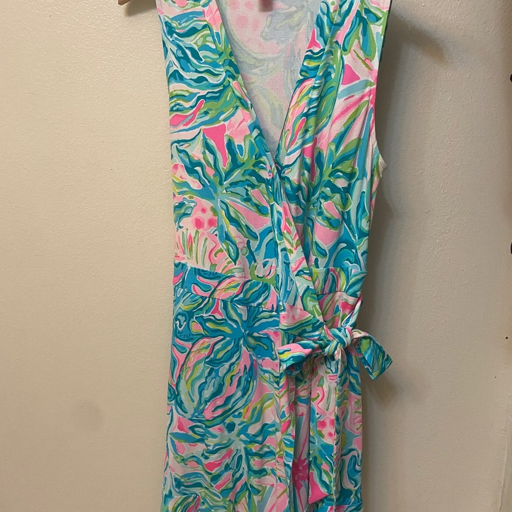 Lilly Pulitzer Sleeveless Pink & Aqua Floral Wrap Midi Dress with Tie Waist